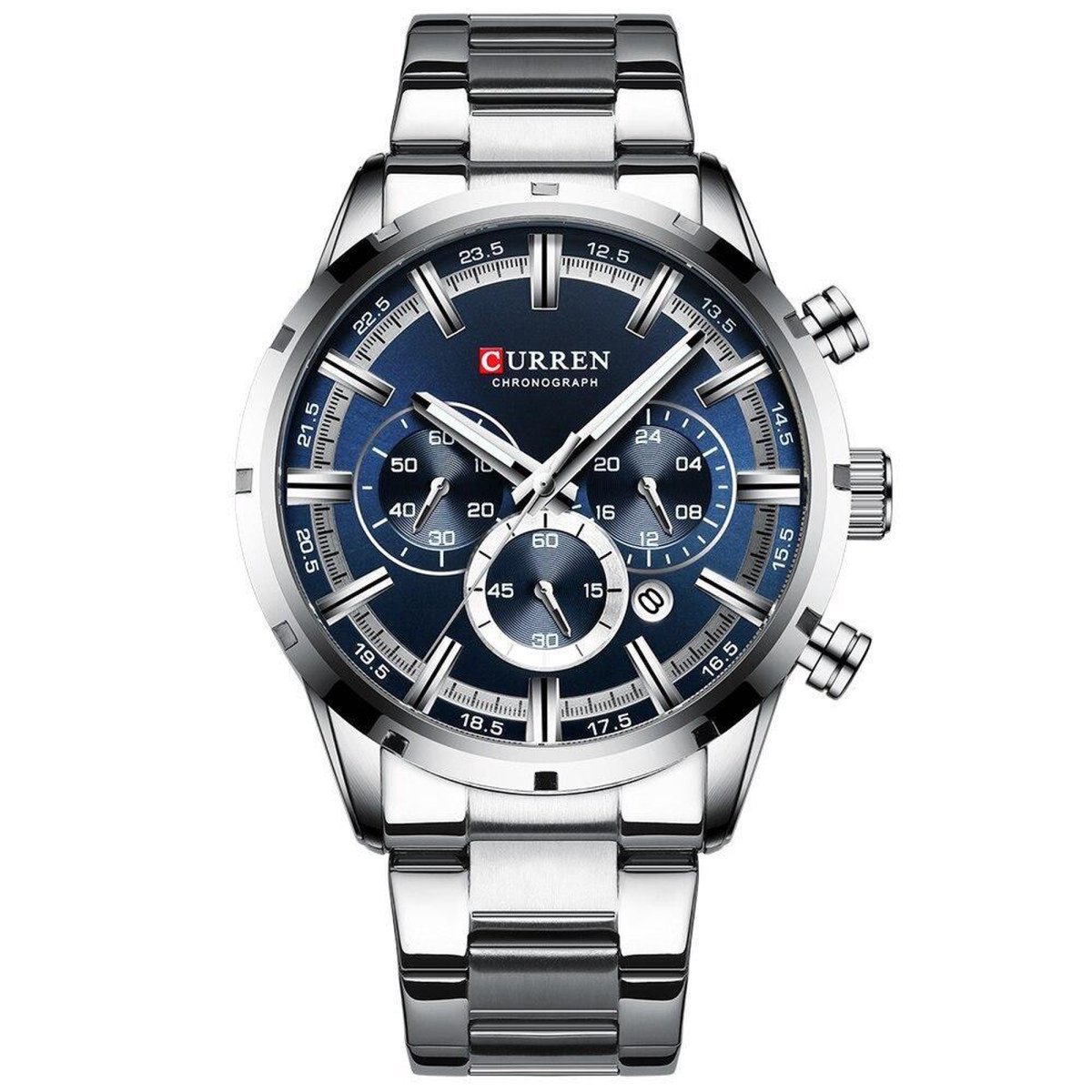 Curren Mannen Horloge Ø 50 - Met Datumaanduiding - Zilver-Blauw - Staal - Inclusief Horlogedoosje