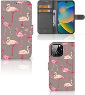 Hoesje met naam iPhone 14 Pro Max Wallet Book Case Flamingo