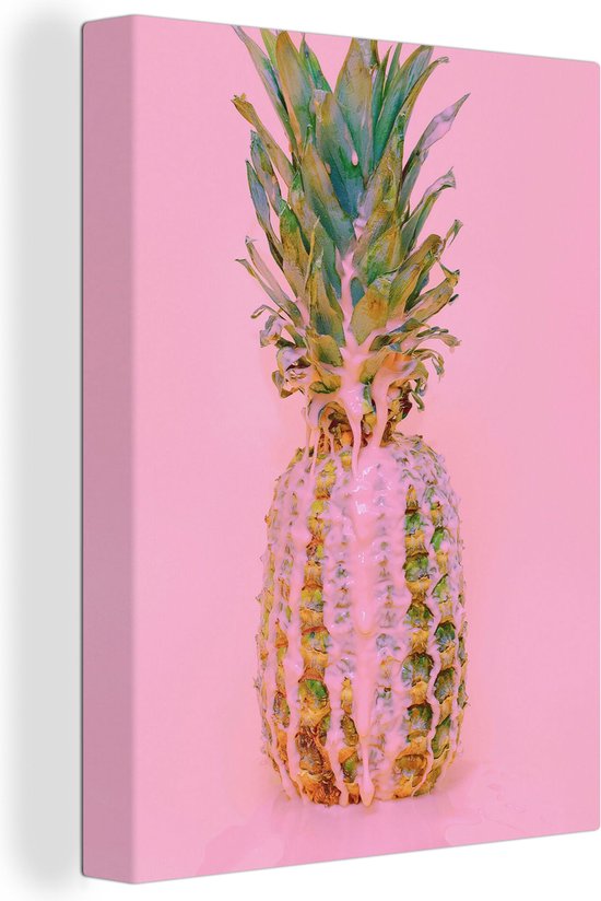 Canvas Schilderij Verf - Ananas - Roze - Zomer - 30x40 cm - Wanddecoratie