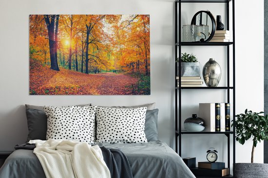 Toile Peinture Arbres - Automne - Forêt - Feuilles d'Automne - 140x90 cm - Décoration murale