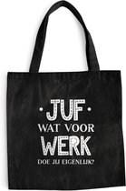 MuchoWow® Schoudertas - Strandtas - Big Shopper - Boodschappentas - Juf bedankt - Leerkracht - Zwart - Quote - Juf wat voor werk doe jij eigenlijk? - 40x40 cm - Katoenen tas