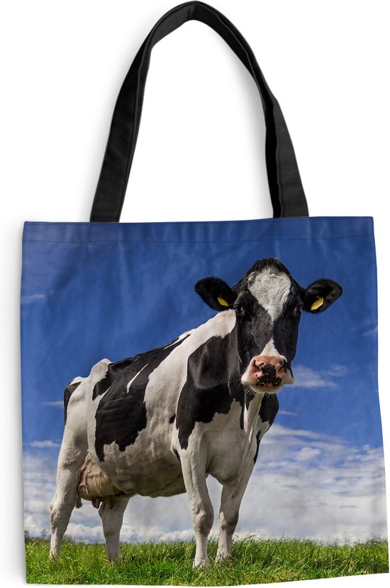 MuchoWow® Schoudertas - Strandtas - Big Shopper - Boodschappentas - Koe - Gras - Blauw - Dieren - 45x45 cm - Katoenen tas