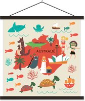 Textielposter - Wereldkaart Kinderen - Australië - Rood - 90x90 cm - Schoolplaat - Textiel poster