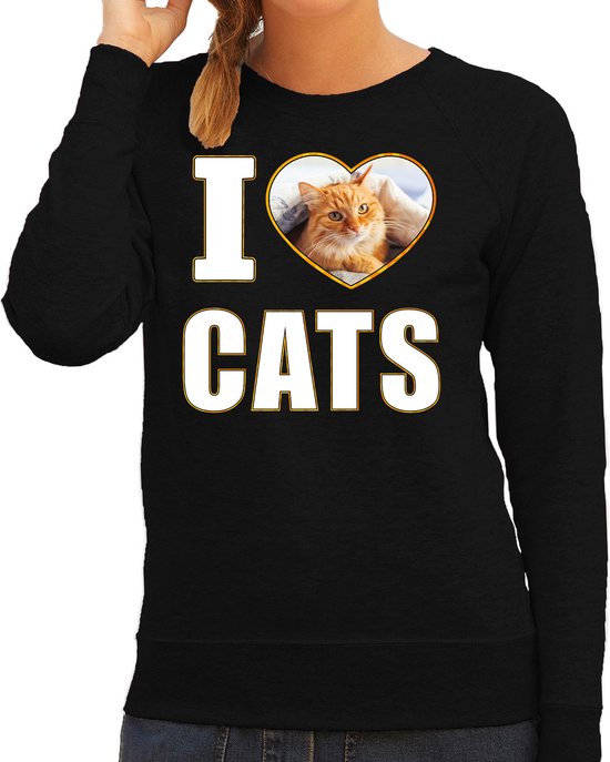 I love cats trui met dieren foto van een rode kat zwart voor dames - cadeau sweater katten liefhebber S
