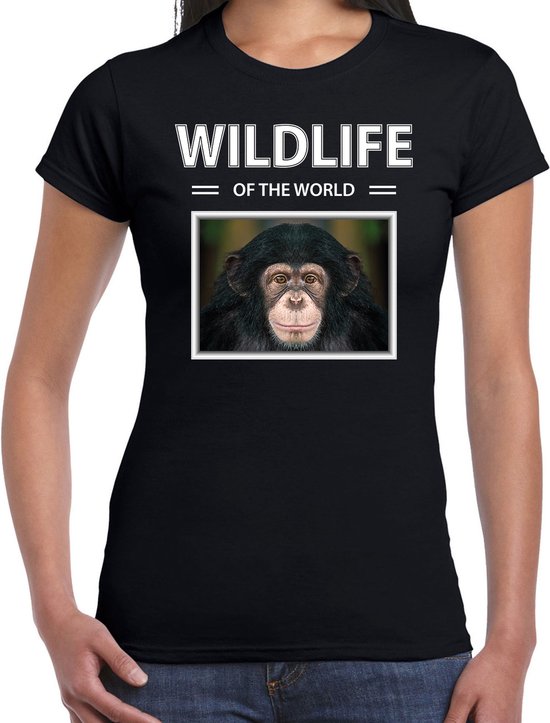 Dieren foto t-shirt Aap - zwart - dames - wildlife of the world - cadeau shirt Chimpansee apen liefhebber S