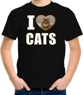 T-shirt J'aime les chats avec photo animalière d'un chat marron noir pour enfants - Chemise cadeau amoureux des chats XL (158-164)