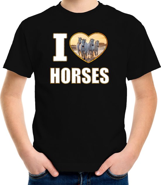 I love horses t-shirt met dieren foto van een wit paard zwart voor kinderen - cadeau shirt paarden liefhebber - kinderkleding / kleding 146/152