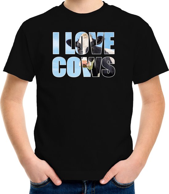 Chemise texte J'aime les vaches avec des animaux photo d'une vache noire pour enfant - t-shirt cadeau amoureux des vaches - vêtements pour enfants / vêtements XS (110-116)
