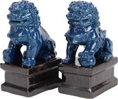 Fine Asianliving Chinese Foo Dogs Temple Guardian Lions Porcelain Navy Set/ 2 Handmade
