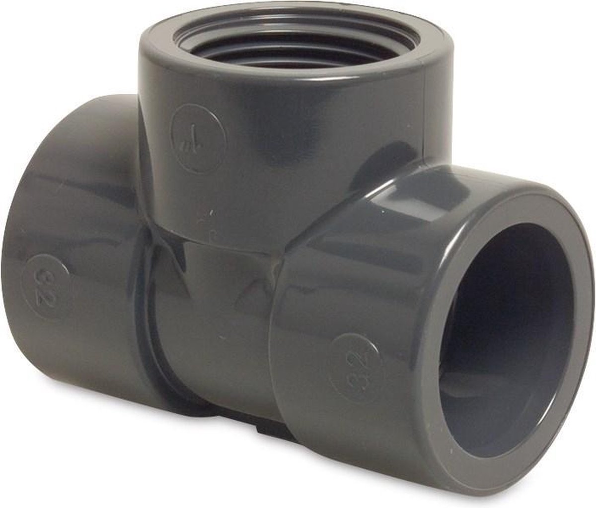Mega T-stuk 90° PVC-U 50 mm x 3/4" x 50 mm lijmmof x binnendraad x lijmmof 10bar grijs op Prijzenvolger.com