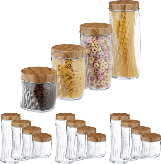 Relaxdays Lot de 9 bocaux en verre, petits pots avec couvercle bambou, 500  ml, hermétique, transparent/nature