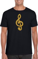 Gouden muzieknoot G-sleutel / muziek feest t-shirt / kleding - zwart - voor heren - muziek shirts / muziek liefhebber / outfit S