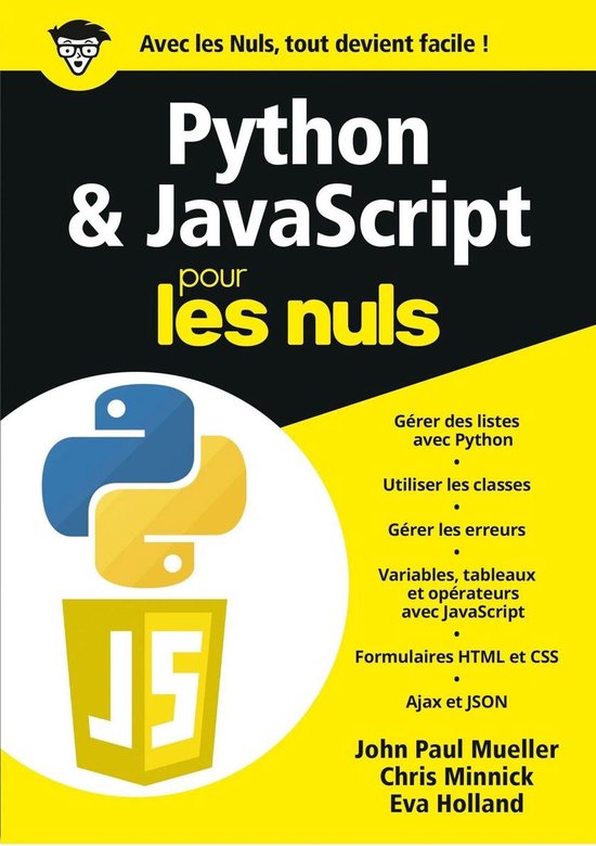 Boek "Python & JavaScript pour les nuls" met iconen van Python en JavaScript.