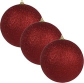 3x Rode grote glitter kerstballen 13,5 cm - hangdecoratie / boomversiering glitter kerstballen