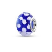 Quiges - Glazen - Kraal - Bedels - Beads Bloemvormig Blauw met Witte Stippen Past op alle bekende merken armband NG1996