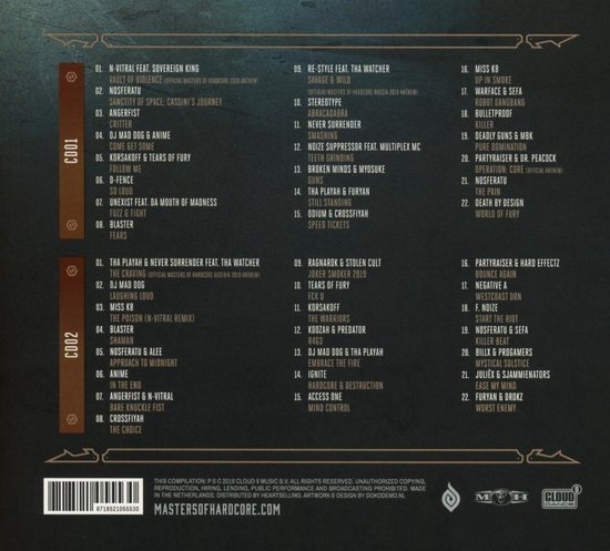 Achterkant van de Masters of Hardcore Chapter XLI CD met tracklists 'C001' en 'C002'.