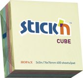 Memoblok kubus Stick'n 76x76mm, pastel ass. 4 kleuren , 400 memoblaadjes