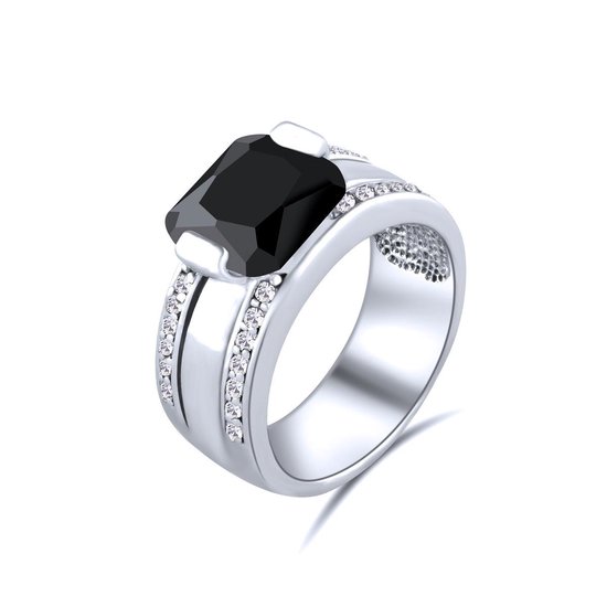 Quiges - 925 Zilveren Ring Klassiek Solitair met Vierkante Zwarte Zirkonia Kristal - QSR08118