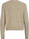 Achterkant van een beige gebreid vest met lange mouwen en geribbelde zoom.