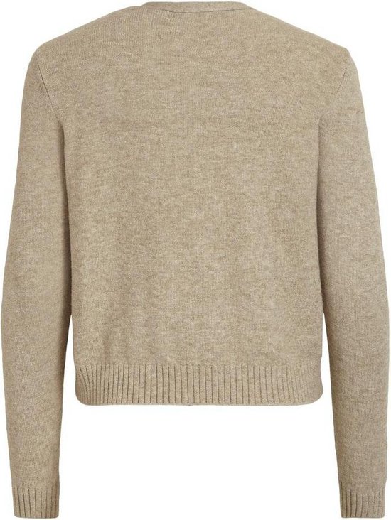 Achterkant van een beige gebreid vest met lange mouwen en geribbelde zoom.