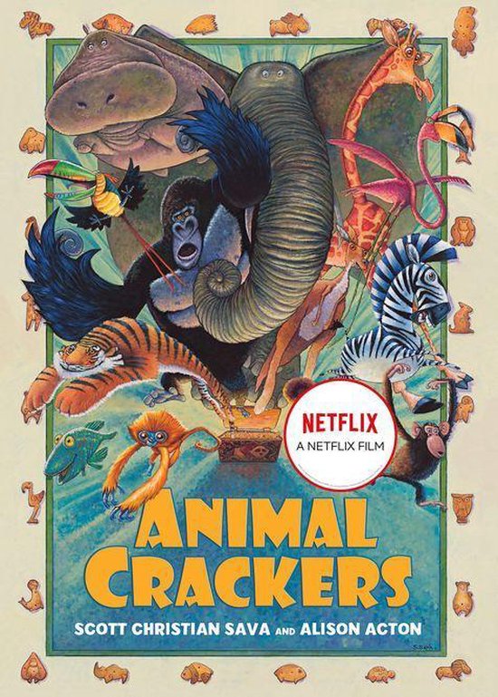 Boekomslag voor 'Animal Crackers' met kleurrijke tekeningen van dieren zoals een gorilla, olifant, giraf, tijger en zebra.