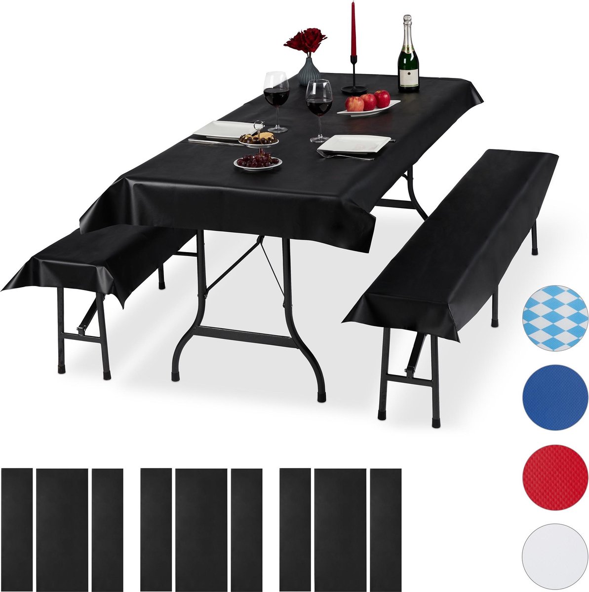 Relaxdays 12 x tafelkleed biertafel en banken - hoezen set biertent - 250 x 100 cm zwart