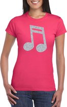 Zilveren muziek noot  / muziek feest t-shirt / kleding - roze - voor dames - muziek shirts / muziek liefhebber / outfit L