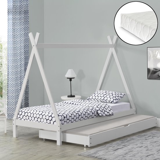 Lit enfant Tipi avec lit gigogne et 1 matelas 90x200 cm blanc | bol.com