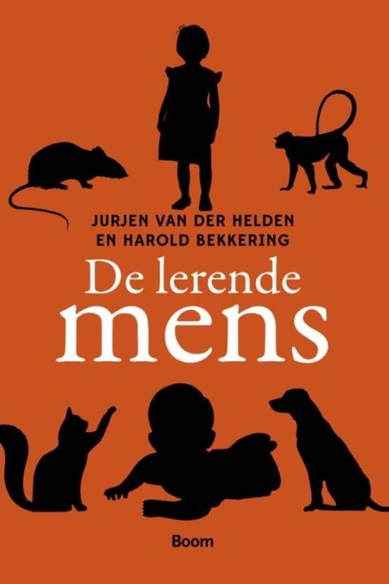 Boekomslag met silhouetten van kinderen en dieren tegen een oranje achtergrond. Titel: De lerende mens.