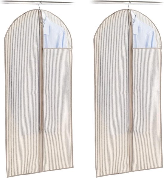 2x Housses de vêtements à rayures beiges 60 x 120 cm avec fenêtre de
