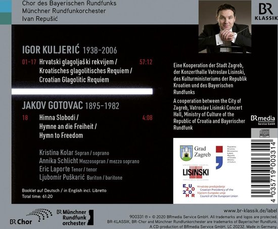 Albumhoes met een foto van een mannelijke dirigent, een lijst met namen van artiesten en de titel "Croatian Glagolitic Requiem".