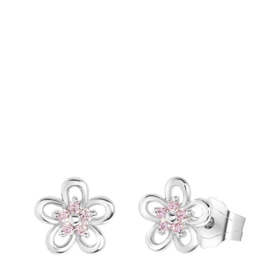 Boucles d'oreilles enfant en argent fleur avec zircone rose