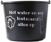 Cadeau emmer – 12 liter – zwart – met tekst: Met water en sop lost mama alles op