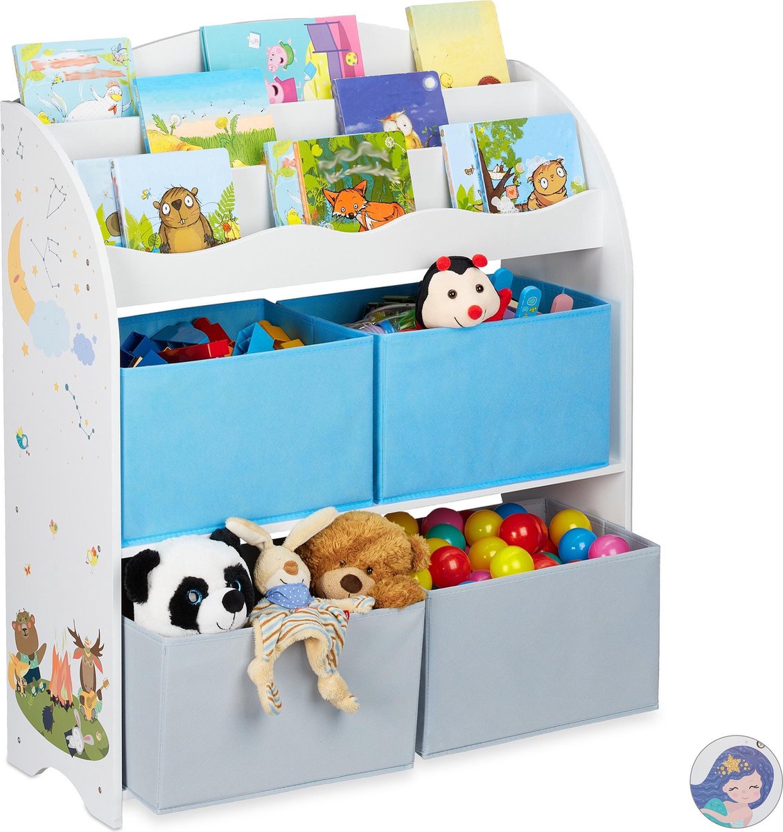 Relaxdays kinderkast, zeemeermin, 6 boxen, 2 vakken, speelgoedkast, boekenkast kinderkamer, HBD 74x62x31.5 cm, gekleurd