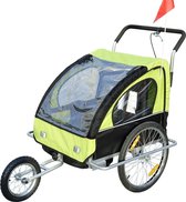 Kinderfietskar - Fietskar -Kinderaanhanger - Buggyfunctie - Geveerd en geremd - 2 zitplaatsen - Groen/Zwart - 122 x 90 x 106 cm