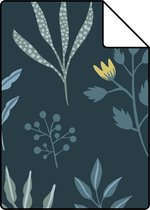 Proefstaal ESTAhome behangpapier bloemmotief in Scandinavische stijl donkerblauw en okergeel - 139082 - 26,5 x 21 cm