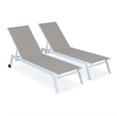 ELSA - Set van 2 ligstoelen van aluminium en textileen, ligbed multipositioneel met wieltjes, kleur wit/taupe