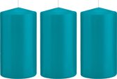 3x Turquoise blauwe cilinderkaarsen/stompkaarsen 8 x 15 cm 69 branduren - Geurloze kaarsen turkoois blauw - Woondecoraties