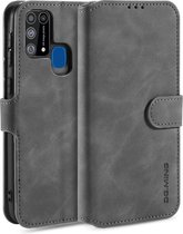 Voor Galaxy M31 DG.MING Retro Oil Side Horizontal Flip Case met houder & kaartsleuven & portemonnee (grijs)