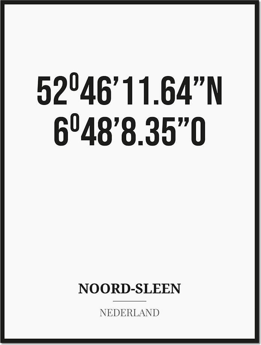Studio216 Poster/kaart NOORD-SLEEN met coördinaten zwart, wit