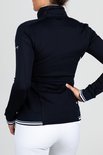 Donkerblauw trainingsjack voor dames, achterkant. Met witte biezen op de onderkant van de mouwen en de jas.