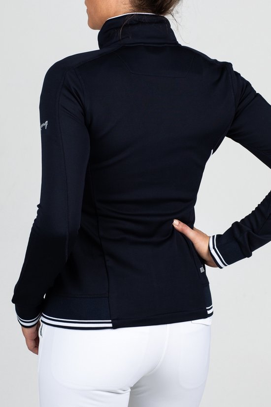 Donkerblauw trainingsjack voor dames, achterkant. Met witte biezen op de onderkant van de mouwen en de jas.