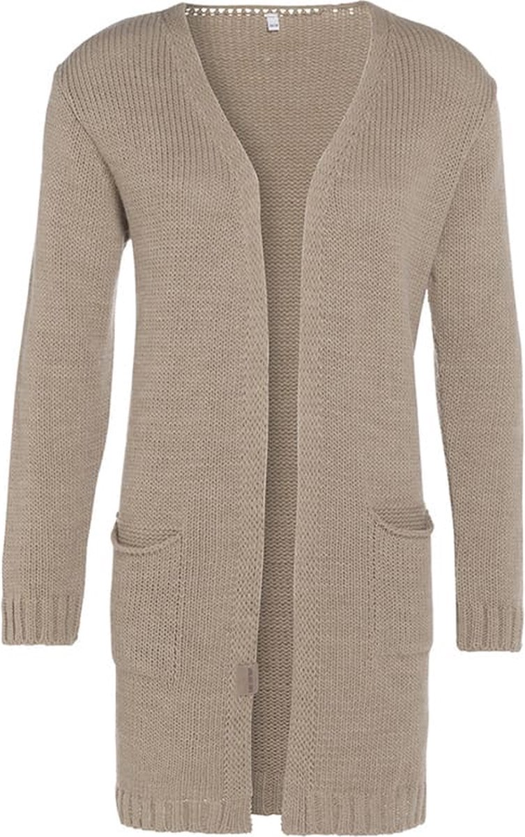 Knit Factory Ruby Gebreid Vest Linnen - Gebreide dames cardigan - Middellang vest reikend tot boven de knie - Beige damesvest gemaakt uit 10% wol, 5% Alpaca, 10% viscose en 75% acryl - 36/38 - Met steekzakken
