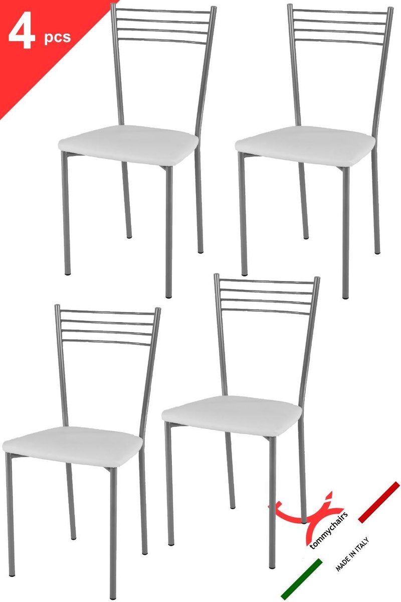 T m c s Tommychairs Set van 4 moderne stoelen model Elena. Zeer geschikt voor keuken bar en eetkamer met structuur in gelakt staalkleurig aluminium met een gestoffeerde zitting bekleed met ecoleer kleur wit
