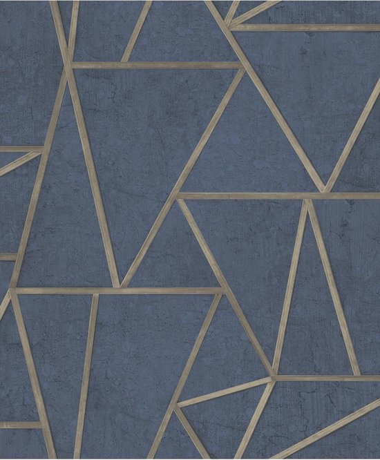 DUTCH-WALLCOVERINGS-Behang-driehoeken-petrolblauw-en-goud