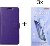 Bookcase Geschikt voor: OnePlus Nord 2 5G - Paars - portemonnee hoesje met 3 stuk Glas Screen protector