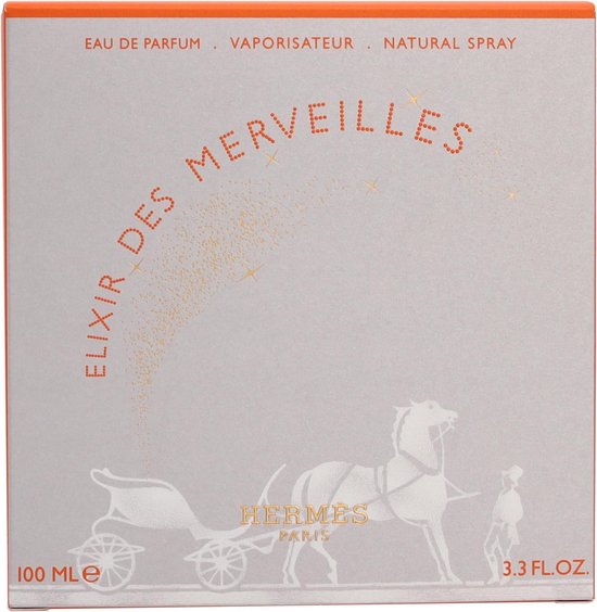 Kartonnen verpakking van Hermès Elixir des Merveilles Eau de Parfum (100 ml).