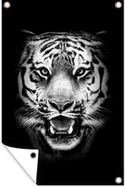 Tuinposter - Tuindoek - Tuinposters buiten - Kop van een tijger tegen een zwarte achtergrond - zwart wit - 80x120 cm - Tuin