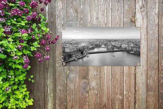 Affiche de jardin Panorama de Geneva, Suisse, en hiver - noir et blanc - 80x40 cm - Décoration murale Outdoor - Affiche de jardin - Toile de jardin - Affiche de clôture - Tableau de jardin