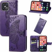 Butterfly Love Flower reliëf horizontale flip lederen tas met beugel / kaartsleuf / portemonnee / lanyard voor iPhone 13 Pro Max (donkerpaars)